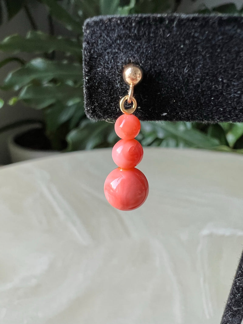 Vintage 14K Yellow Gold Coral 3 Bead Drop Earrings