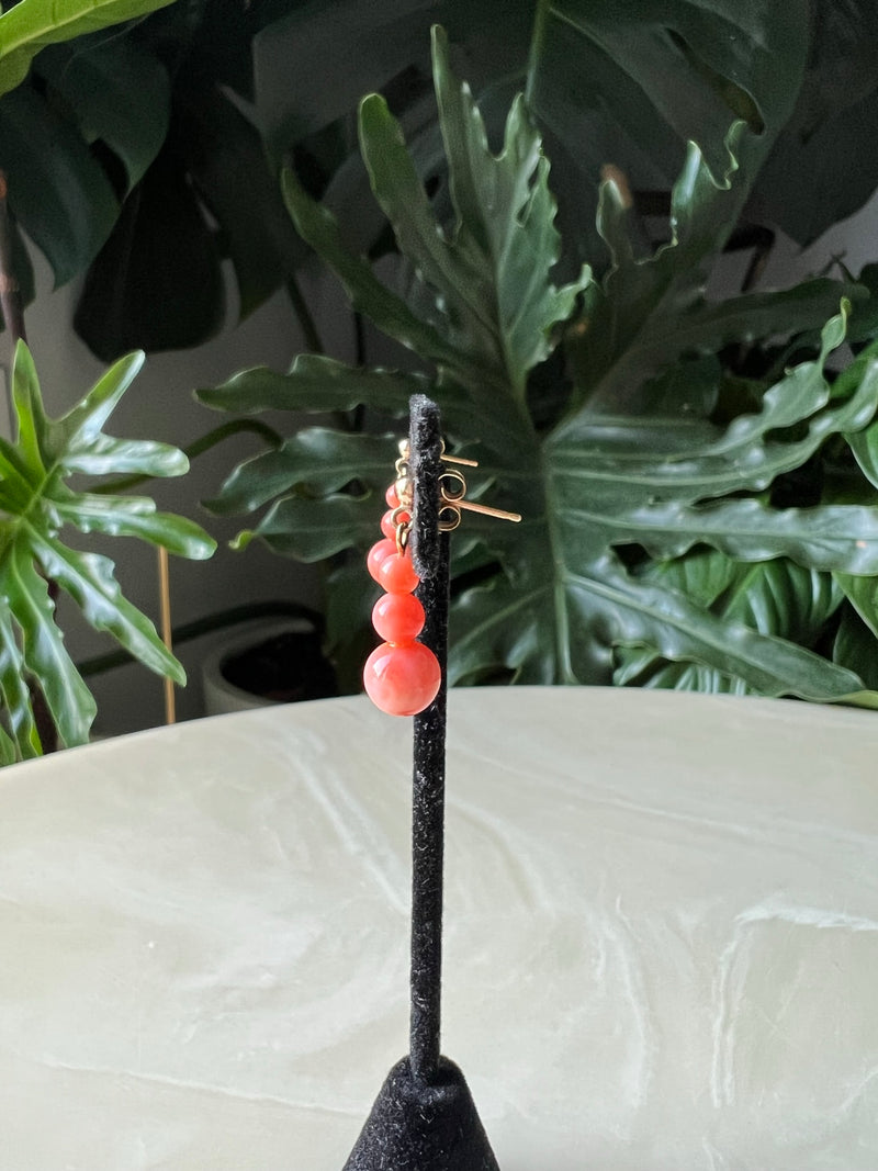 Vintage 14K Yellow Gold Coral 3 Bead Drop Earrings