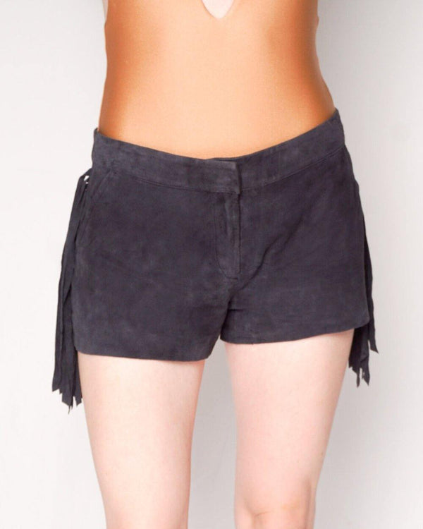 BEL AIR Gray Genuine Suede Fringe Mini Shorts (Size L) - Fashion Without Trashin