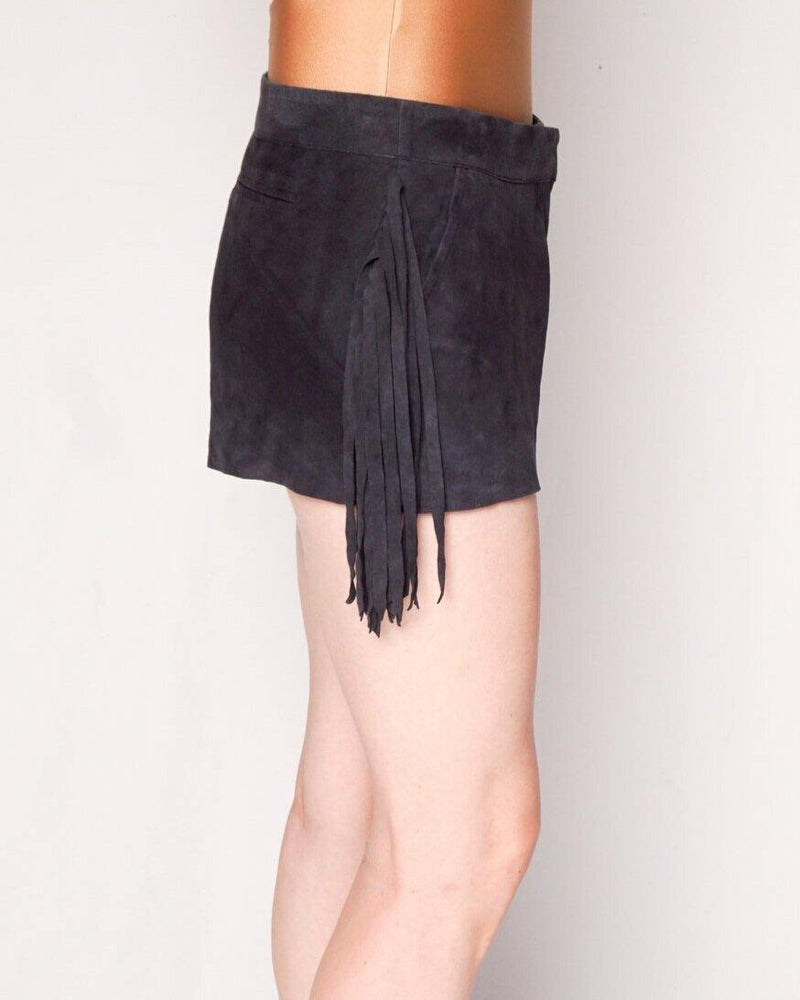 BEL AIR Gray Genuine Suede Fringe Mini Shorts (Size L) - Fashion Without Trashin