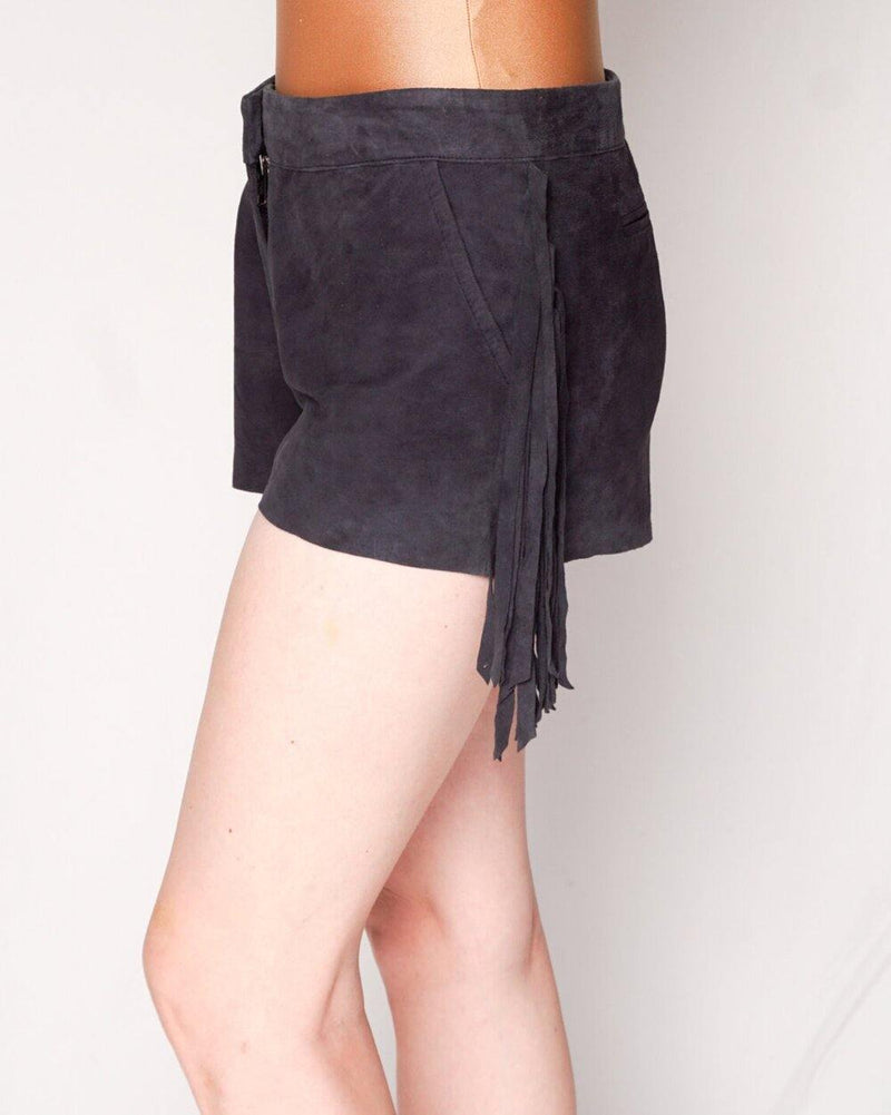BEL AIR Gray Genuine Suede Fringe Mini Shorts (Size L) - Fashion Without Trashin