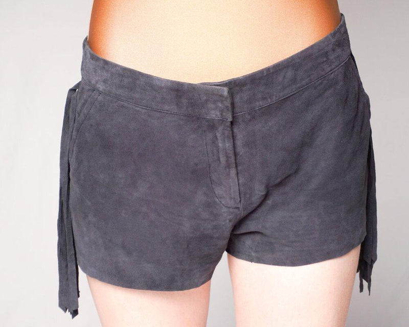 BEL AIR Gray Genuine Suede Fringe Mini Shorts (Size L) - Fashion Without Trashin