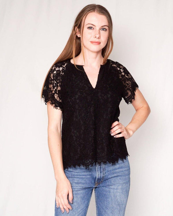 J. CREW Black Short-Sleeve Floral Lace Top (Size XS) - Fashion Without Trashin