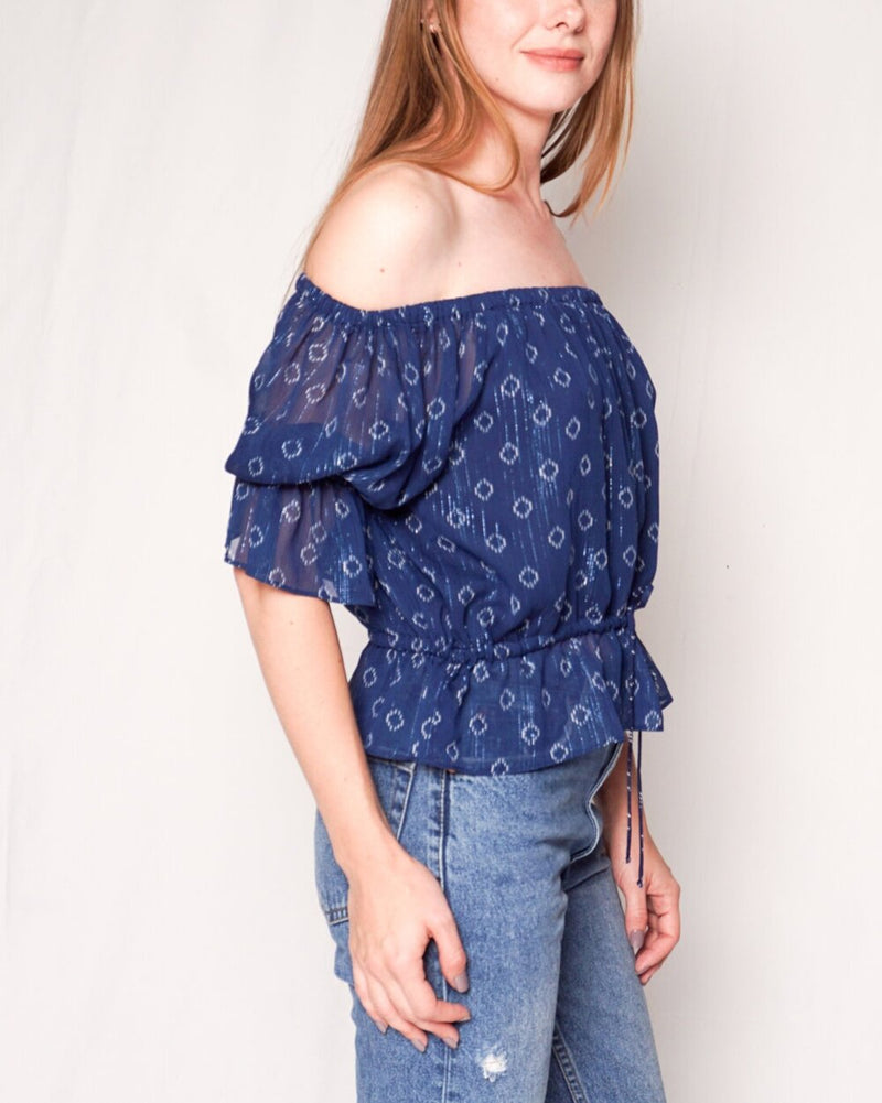 Misa Los Angeles Blue Ikat Off-Shoulder Blouse(Size XS)