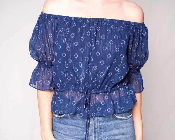 Misa Los Angeles Blue Ikat Off-Shoulder Blouse(Size XS)