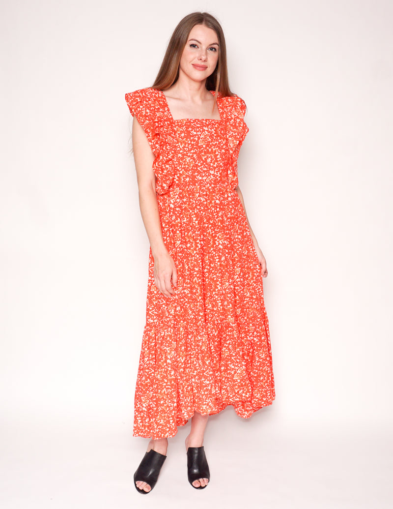 ULLA JOHNSON Coral Batik FREIDA Maxi Ruffle Dress