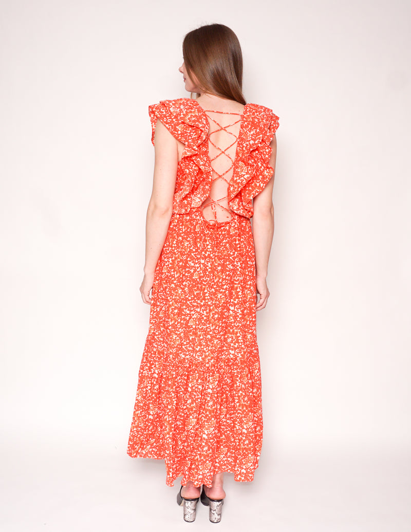 ULLA JOHNSON Coral Batik FREIDA Maxi Ruffle Dress