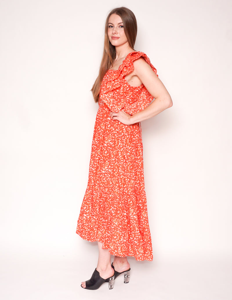 ULLA JOHNSON Coral Batik FREIDA Maxi Ruffle Dress