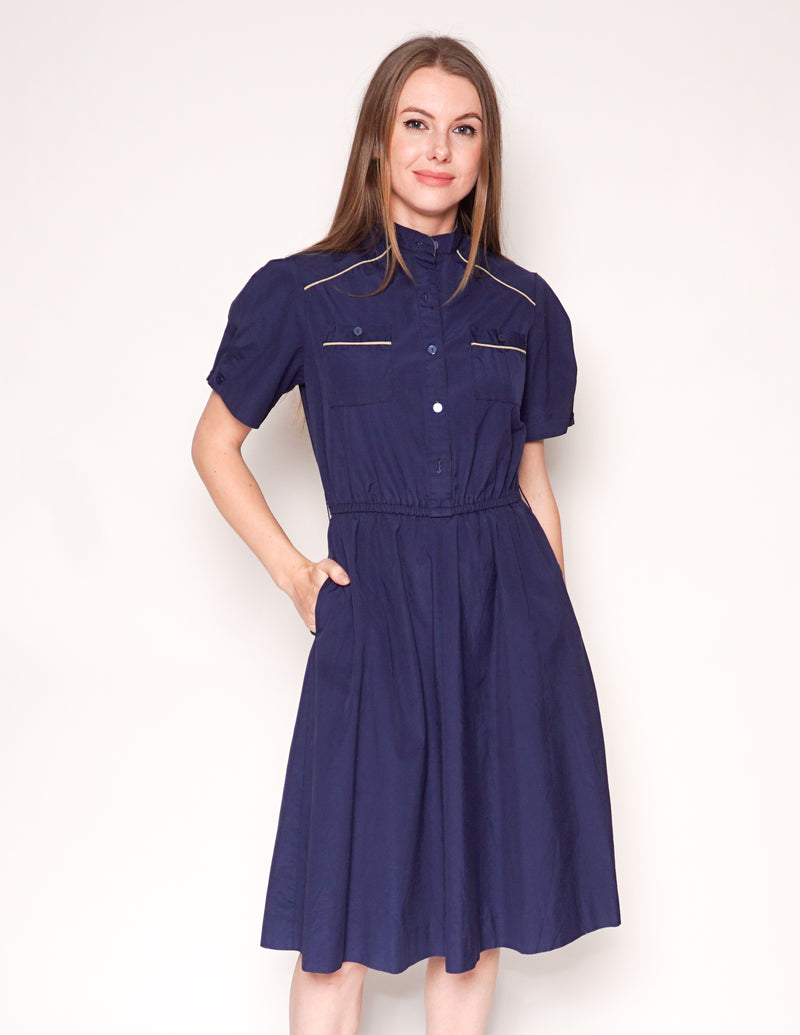 VINTAGE Navy Blue Short-Sleeve Shirtdress