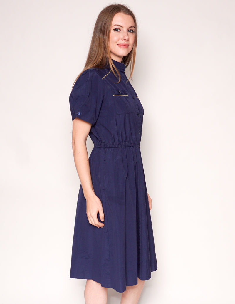 VINTAGE Navy Blue Short-Sleeve Shirtdress