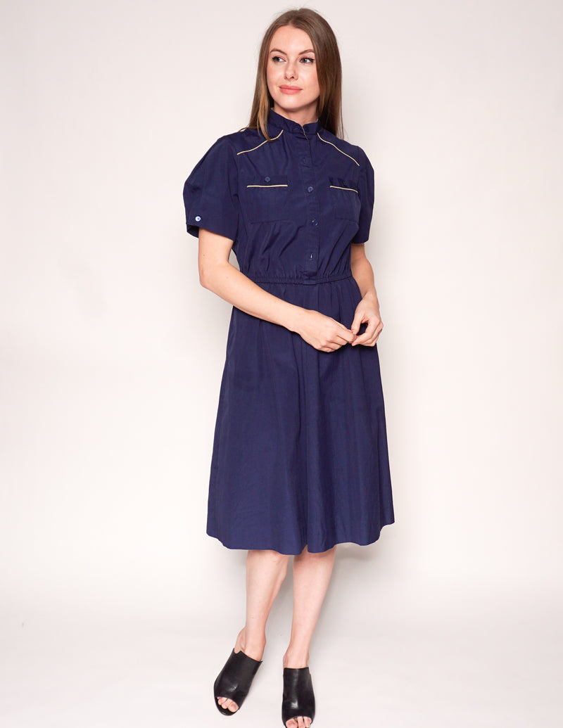 VINTAGE Navy Blue Short-Sleeve Shirtdress