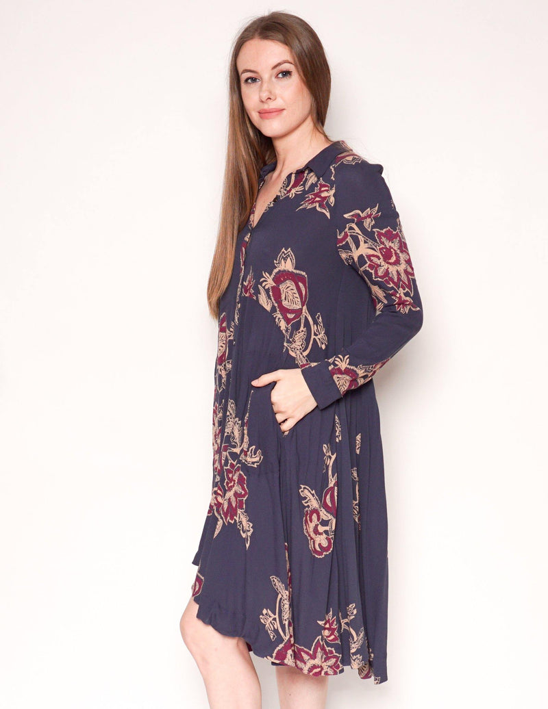 FREE PEOPLE Floral Long-Sleeve High-Low Hem Shirtdress - Fashion Without Trashin