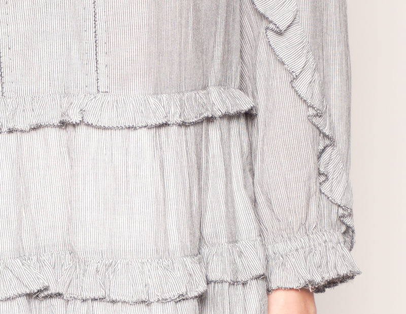 ULLA JOHNSON Thin Stripe Cotton Ruffle Mini Dress
