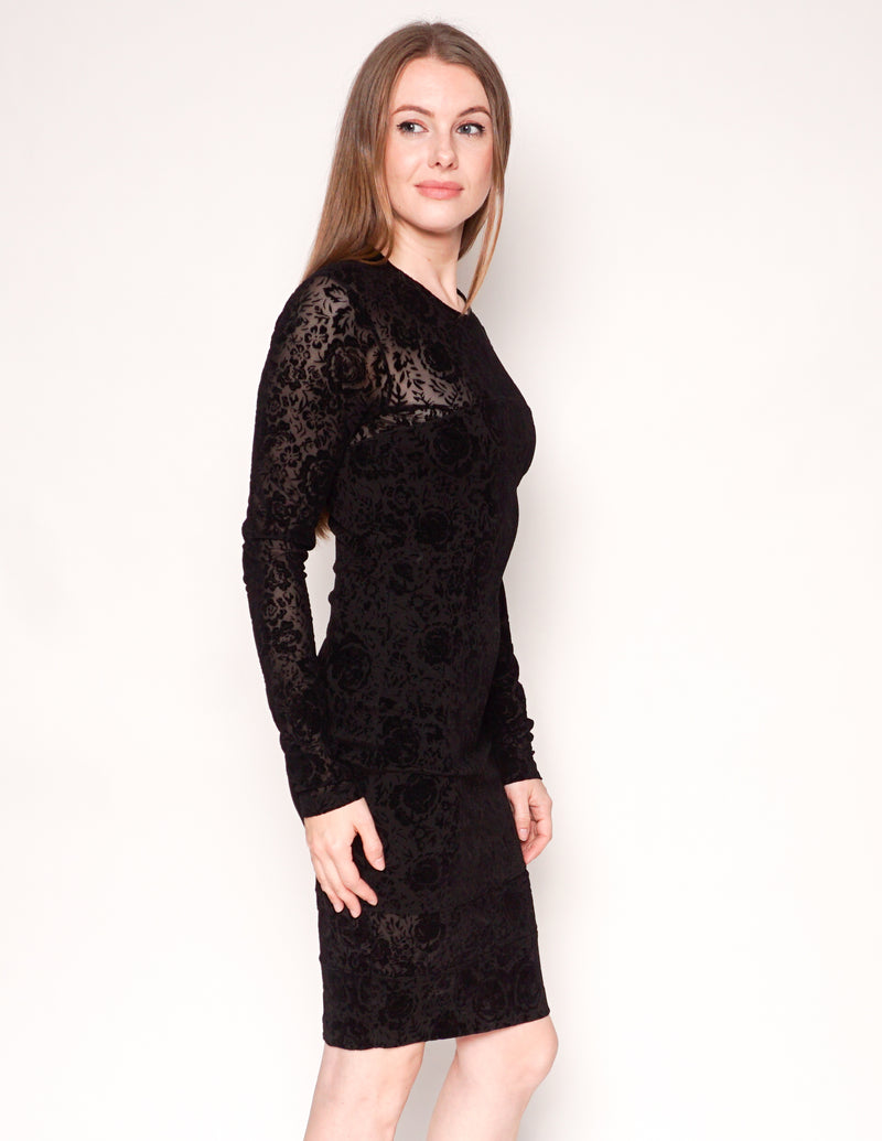 RONNY KOBO Black Floral Velvet Burnout Long-Sleeve Bodycon Dress