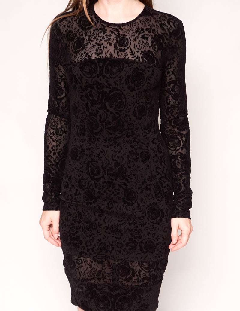 RONNY KOBO Black Floral Velvet Burnout Long-Sleeve Bodycon Dress