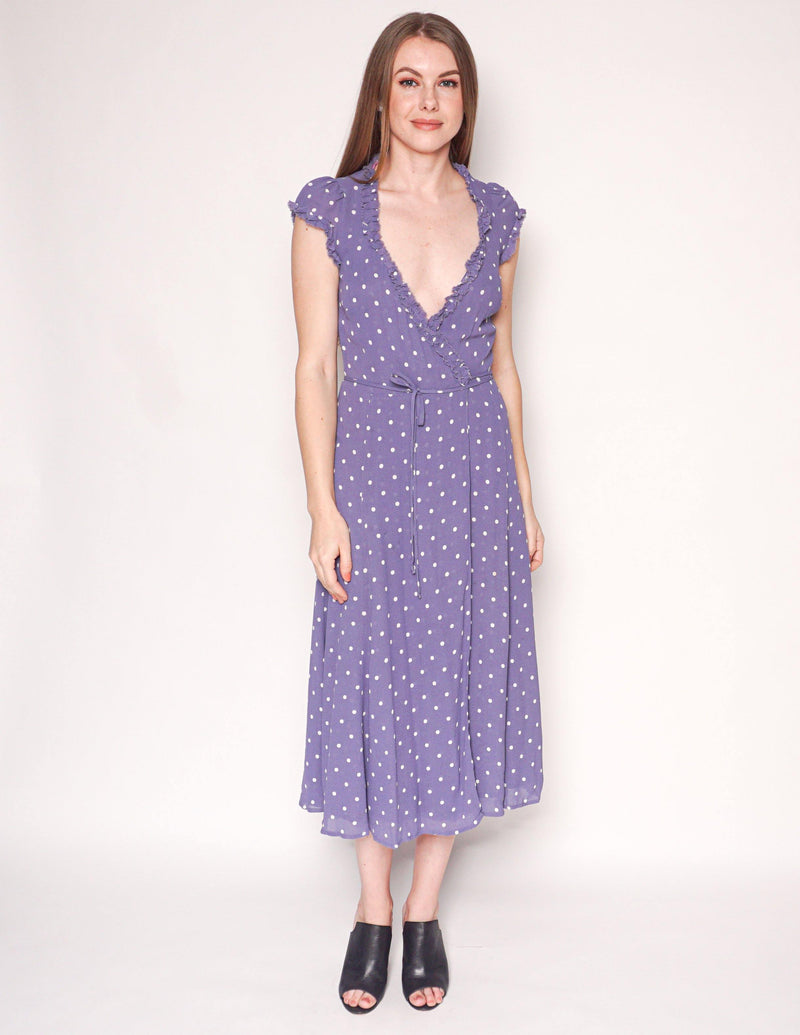 REFORMATION Purple Gwenyth Polka Dot Wrap Midi Dress - Fashion Without Trashin