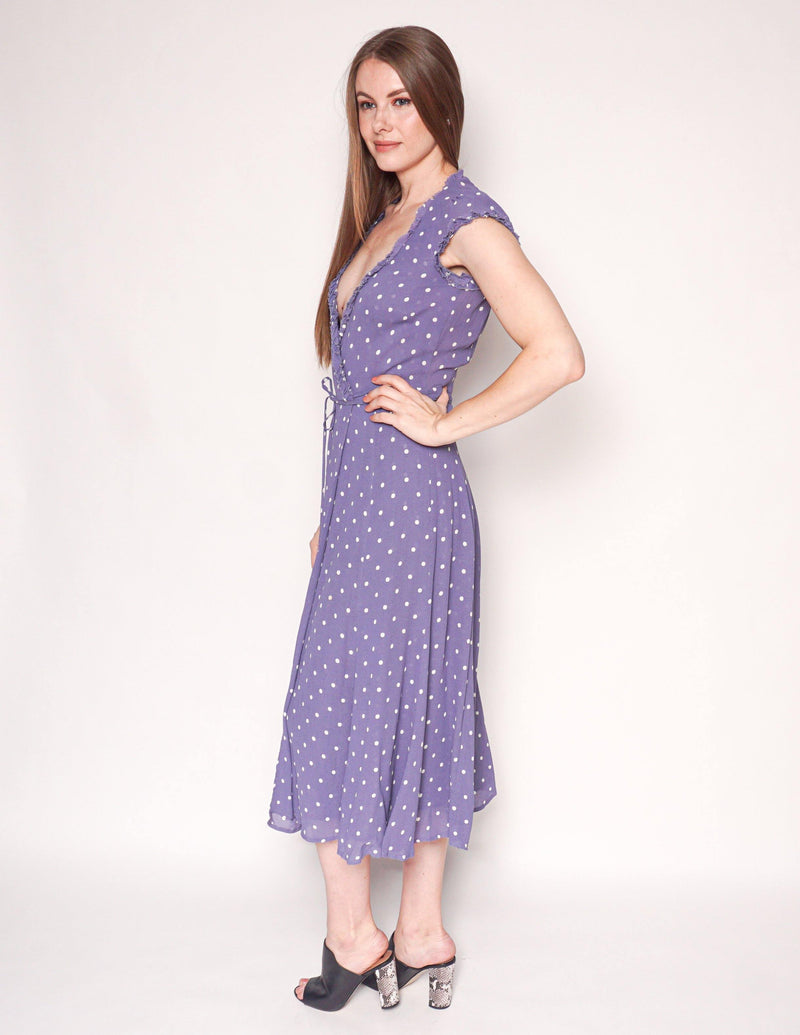 REFORMATION Purple Gwenyth Polka Dot Wrap Midi Dress - Fashion Without Trashin