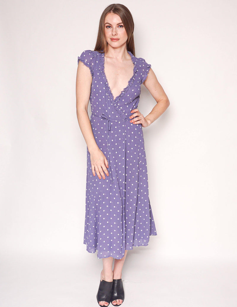 REFORMATION Purple Gwenyth Polka Dot Wrap Midi Dress - Fashion Without Trashin