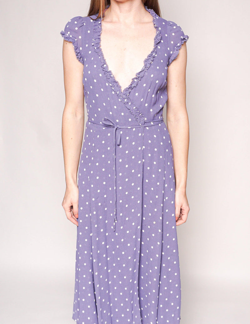 REFORMATION Purple Gwenyth Polka Dot Wrap Midi Dress - Fashion Without Trashin