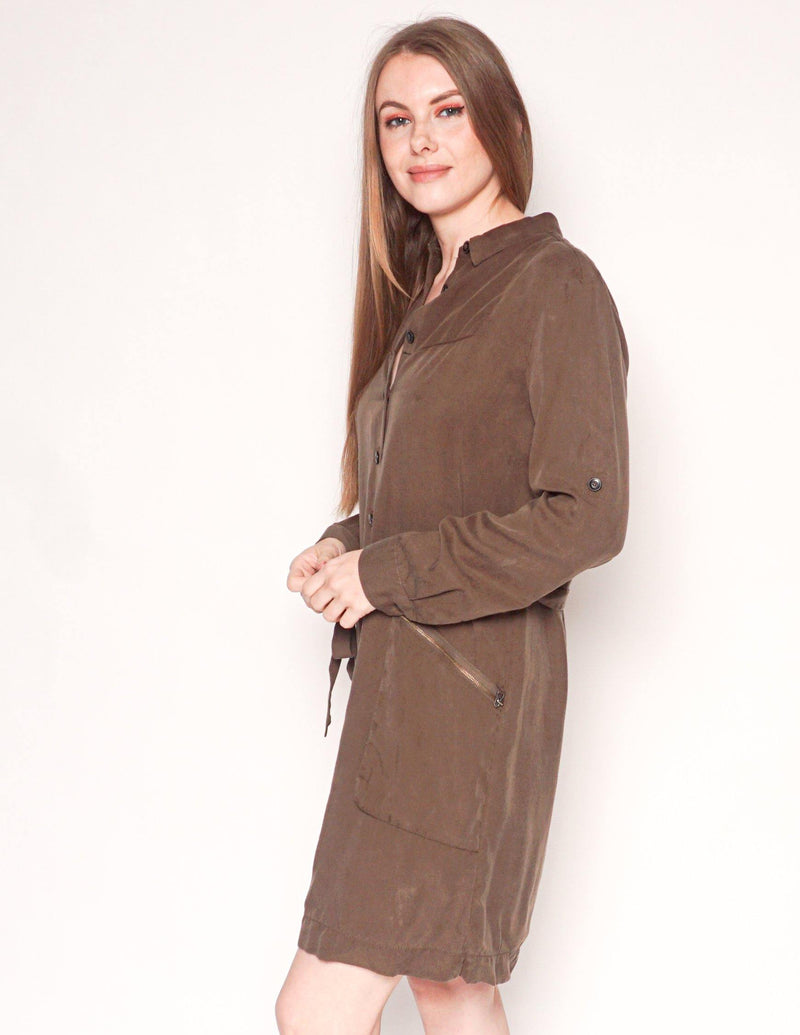 ATM Brown-Green Belted Utility Shirtdress - Fashion Without Trashin
