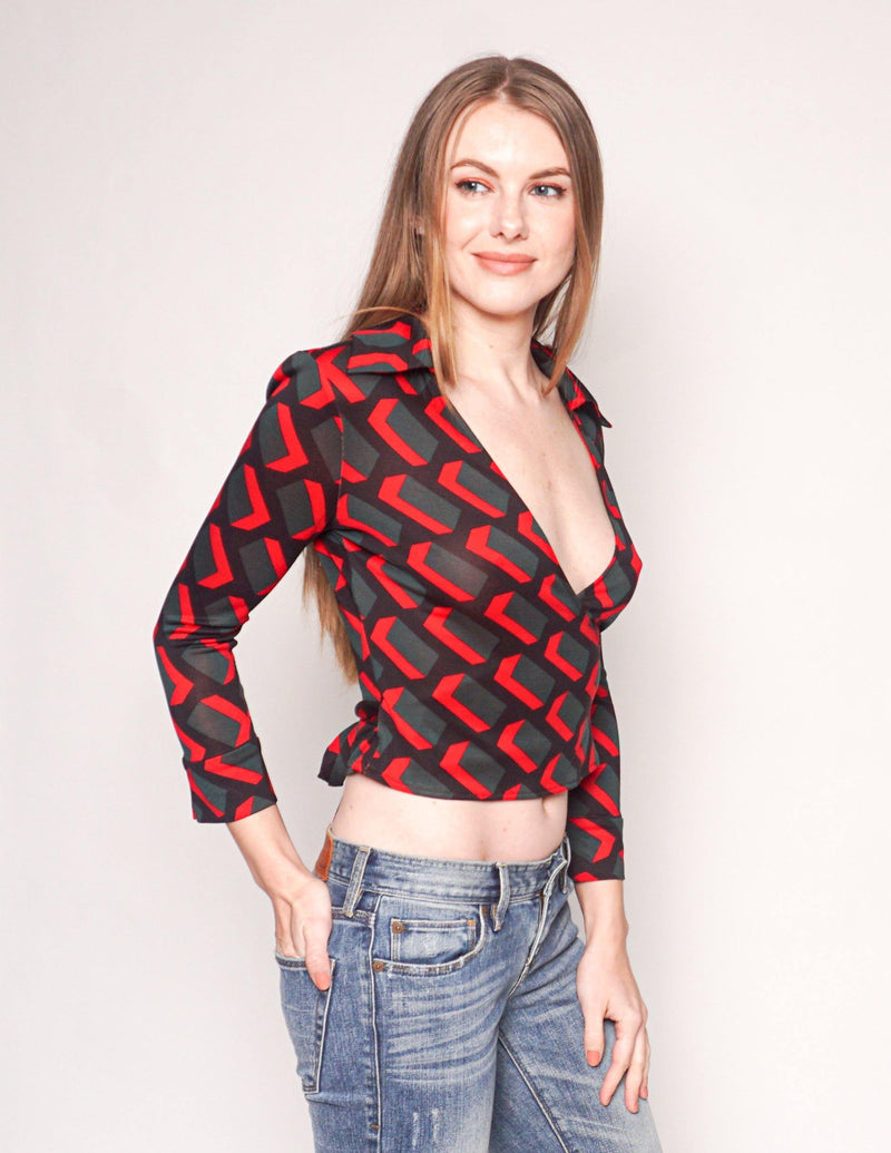 DIANE VON FURSTENBERG Vintage Silk Geometric Print Jill Wrap Top - Fashion Without Trashin