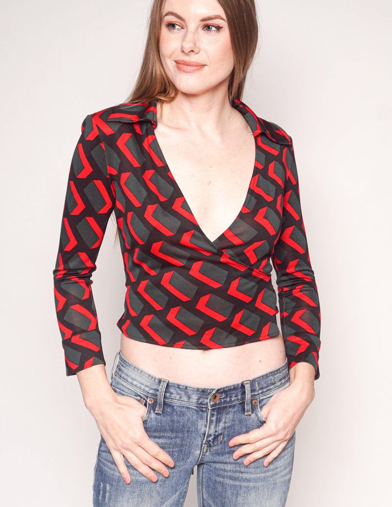 DIANE VON FURSTENBERG Vintage Silk Geometric Print Jill Wrap Top - Fashion Without Trashin