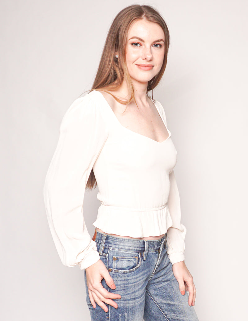 REFORMATION Ivory Valencia Long-Sleeve Peplum Blouse