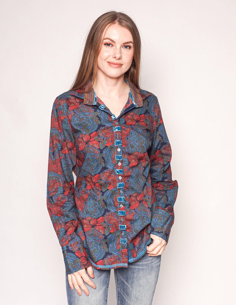 GEORG ROTH Floral Print Button-Down Teal Shirt - Fashion Without Trashin