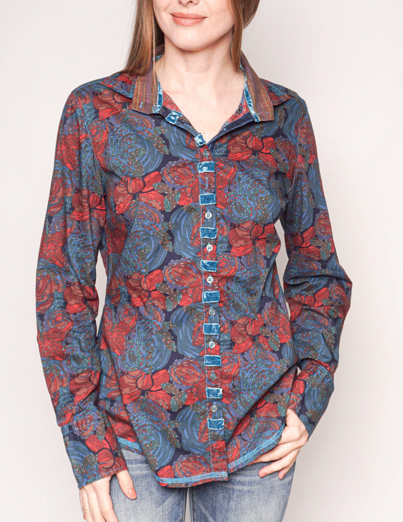 GEORG ROTH Floral Print Button-Down Teal Shirt - Fashion Without Trashin