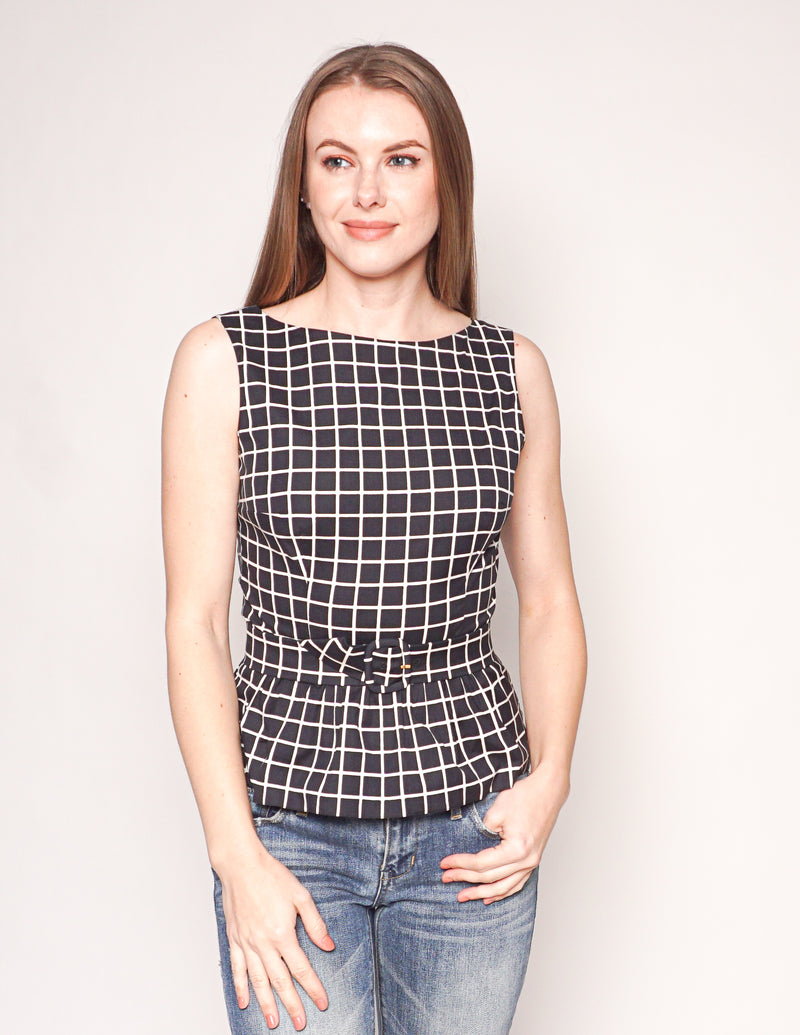 PRADA Windowpane Print Cotton Peplum Belted Top