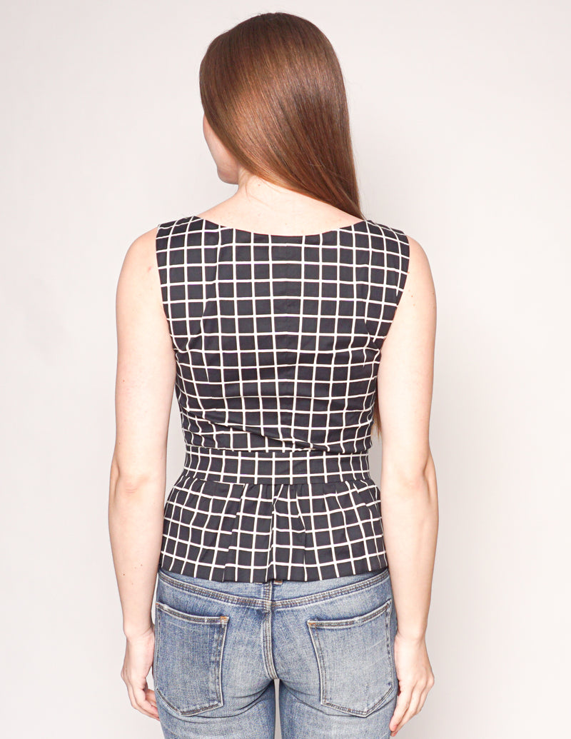 PRADA Windowpane Print Cotton Peplum Belted Top