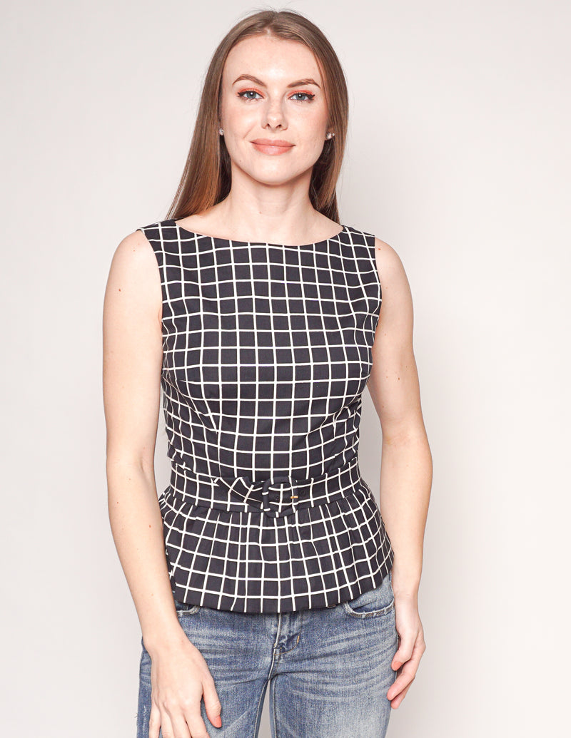 PRADA Windowpane Print Cotton Peplum Belted Top