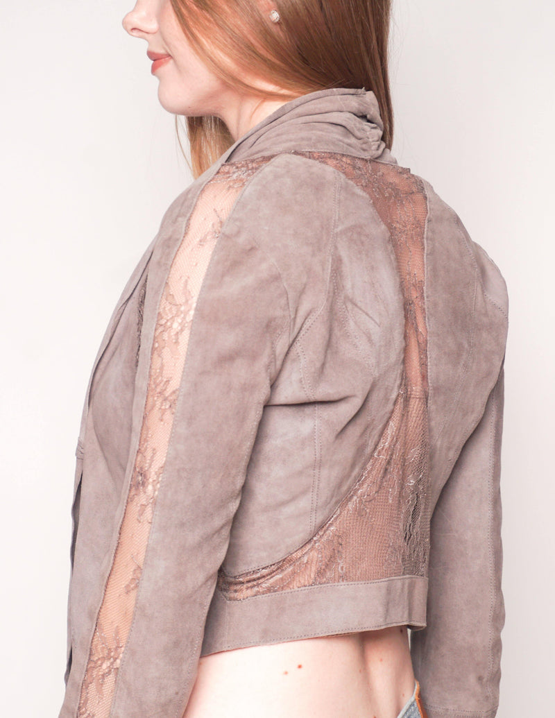 HAUTE HIPPIE Taupe Suede Lace Contrast Jacket - Fashion Without Trashin