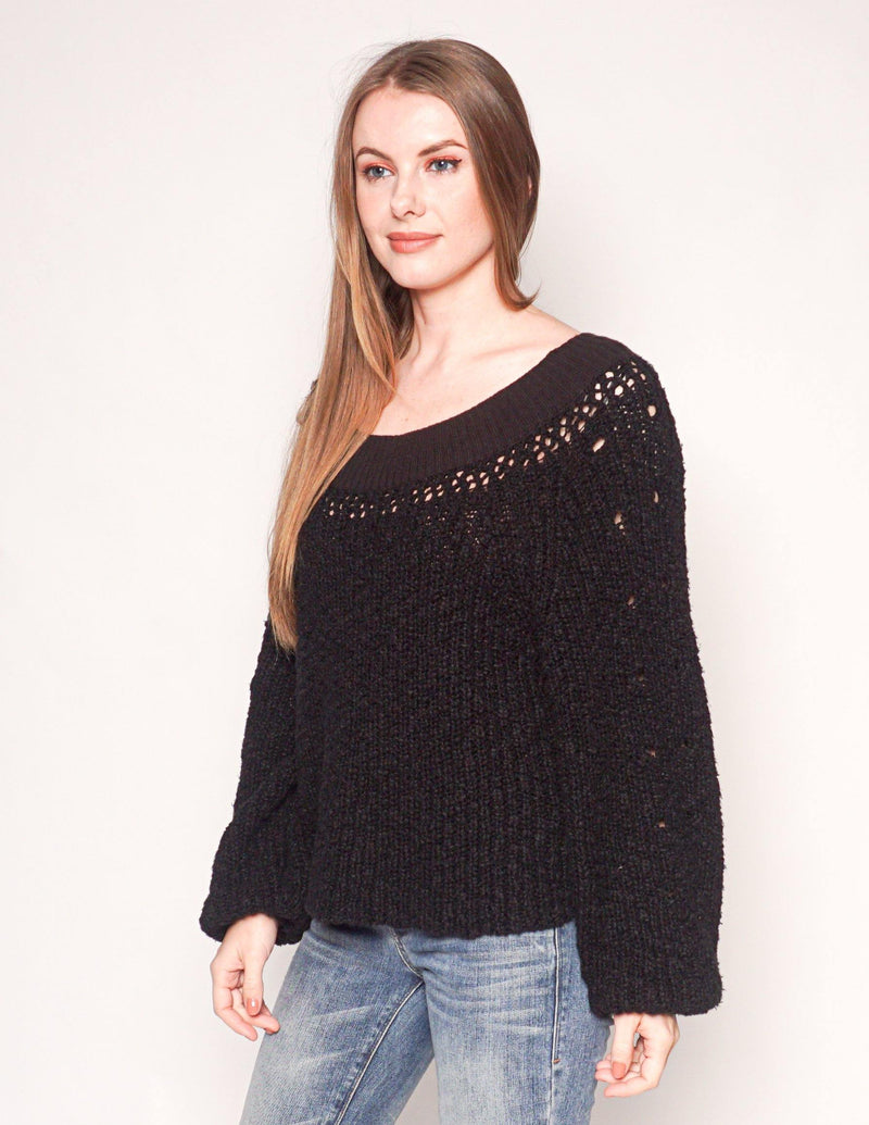 FREE PEOPLE Black Cotton Knit Oversized Sweater - Fashion Without Trashin
