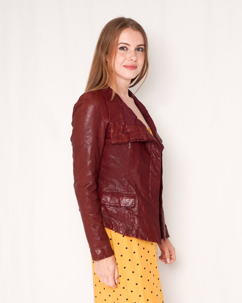 Q40 Maroon Genuine Leather Asymmetric Jacket (Size XS)