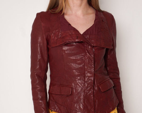 Q40 Maroon Genuine Leather Asymmetric Jacket (Size XS)