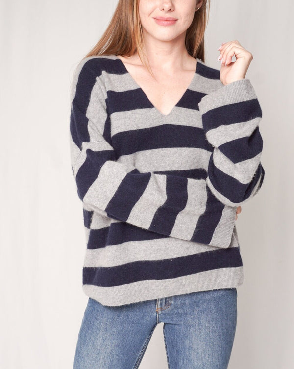 Vince Cashmere Stripe V-Neck Sweater (Size L)