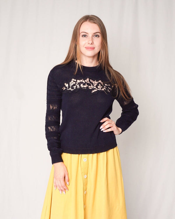 Thakoon Knit Dark Navy Floral Lace Sweater (Size M)