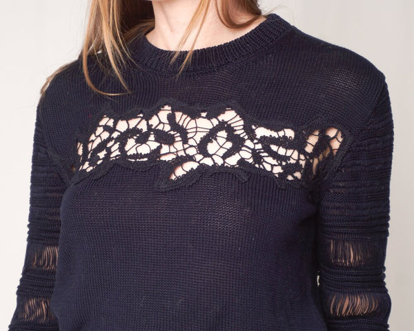 Thakoon Knit Dark Navy Floral Lace Sweater (Size M)
