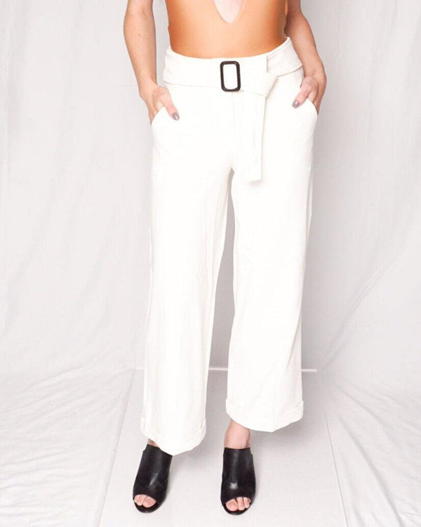 Derek Lam White Belted Wide Cuffed Trouser Pant - Fashion Without Trashin