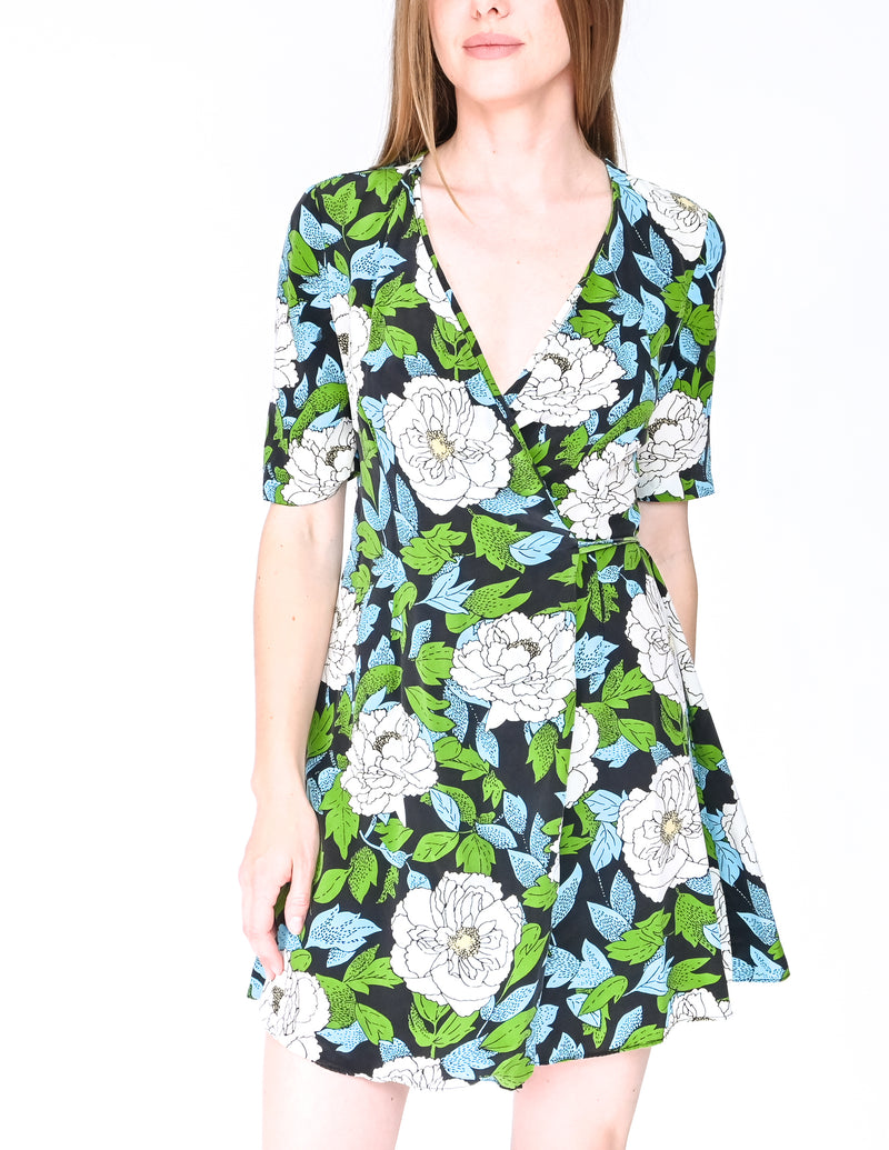 DIANE VON FURSTENBERG Floral Silk Mini Wrap Dress (Size 2)