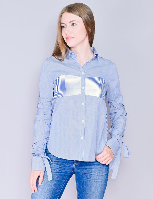 TIBI Poplin Cotton Striped Tie Sleeve Shirt (Size 4)