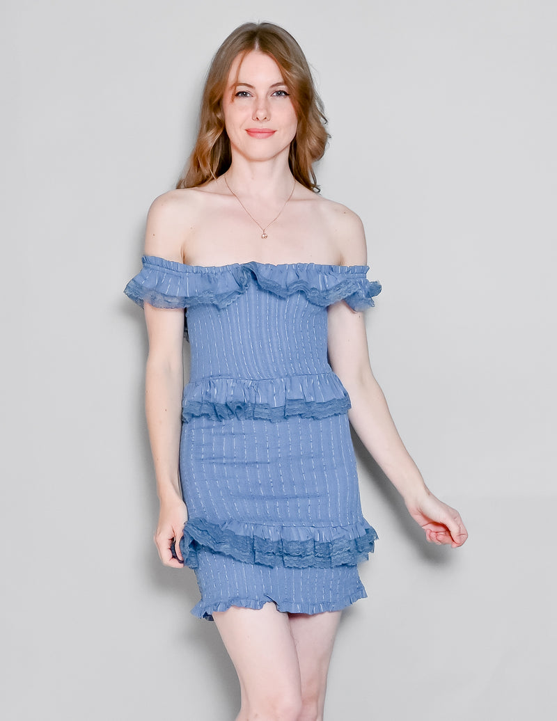 Tularosa Teri Lace-Trim Smocked Mini Dress in Blue (XS)