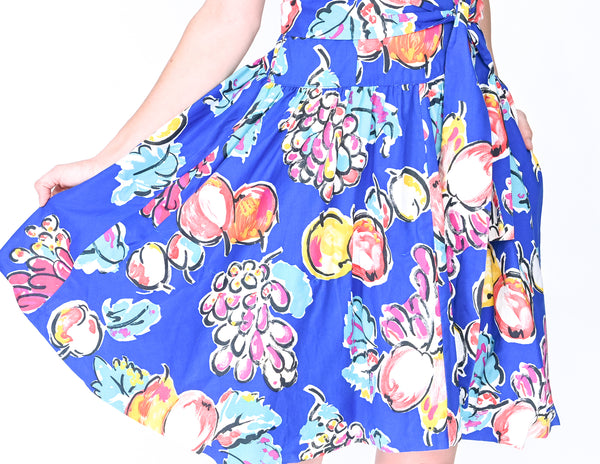 VINTAGE ROBBIE BEE Blue Fruit Print Dress (Size M)