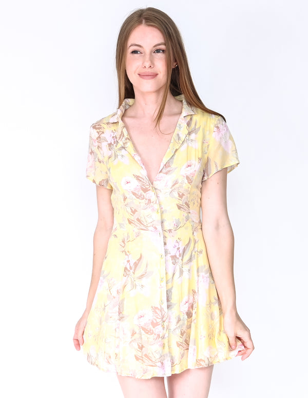 MAJORELLE Yellow Floral Button-Front Mini Dress (Size S)