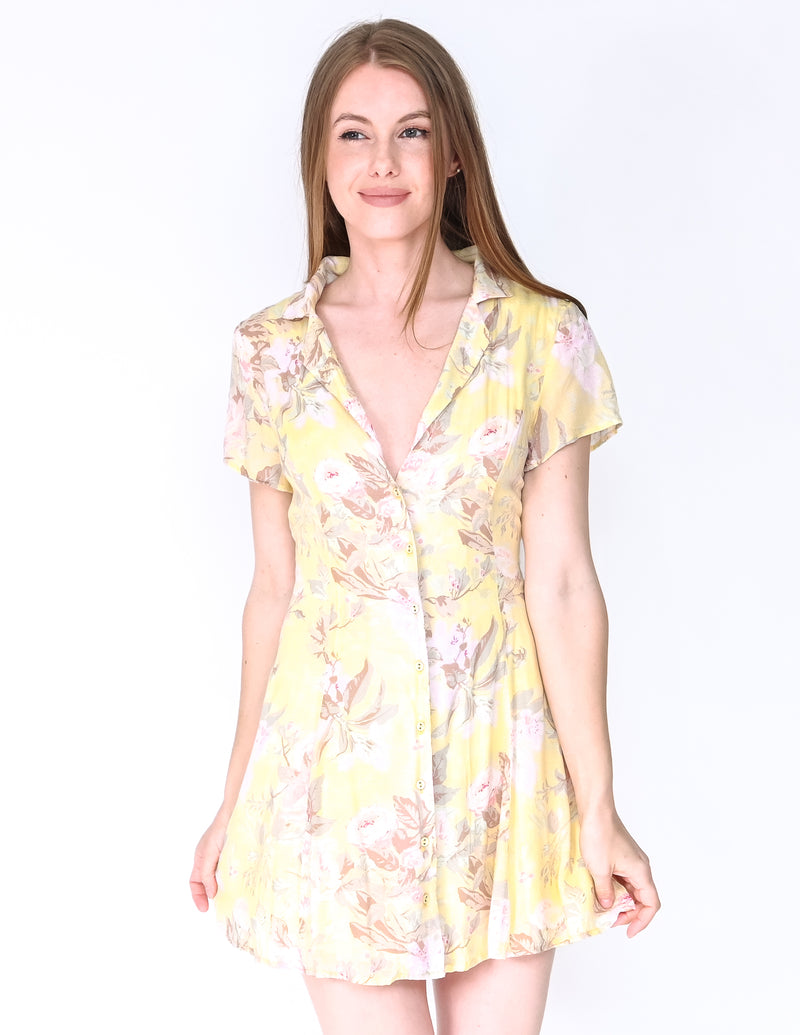 MAJORELLE Yellow Floral Button-Front Mini Dress (Size S)
