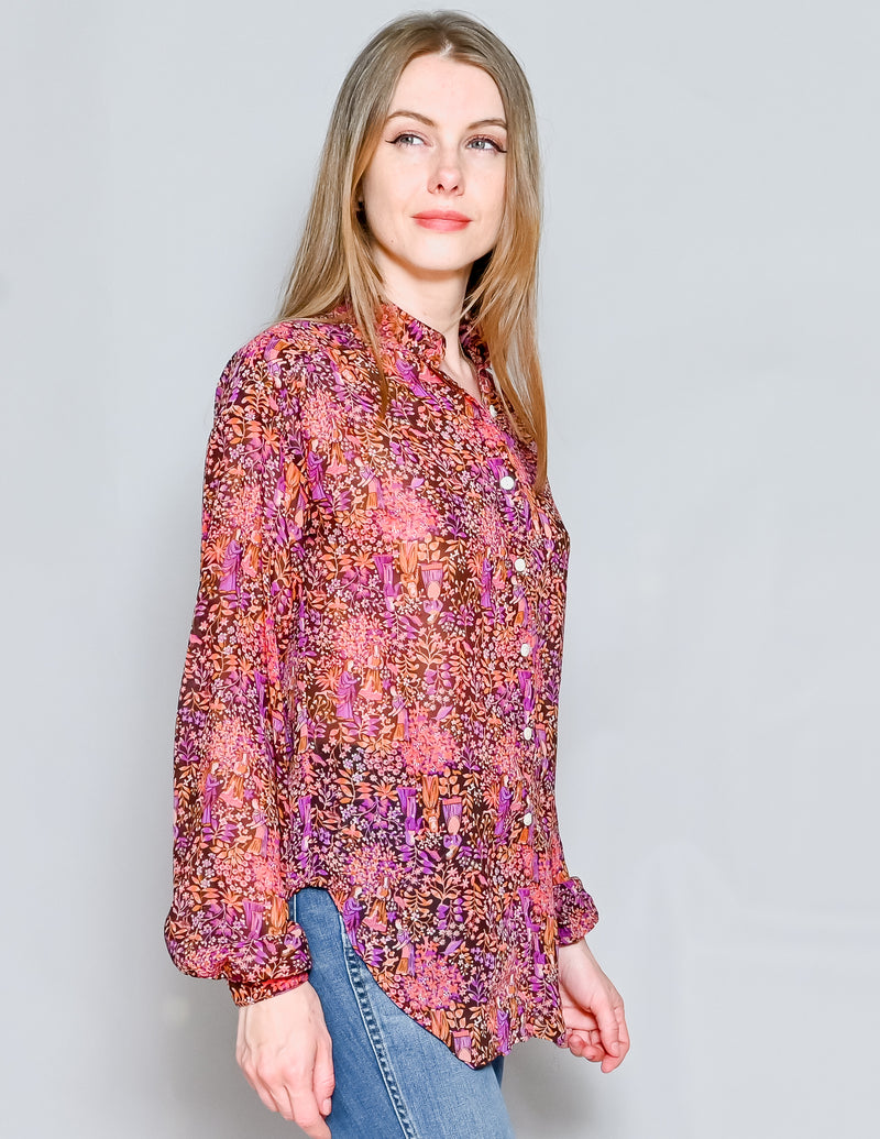 VINTAGE Jonquil Floral Long-Sleeve Chiffon Blouse (S)
