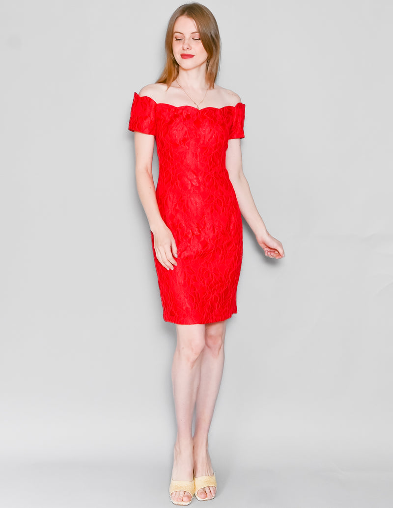 VINTAGE Roberta Red Off-The-Shoulder Lace Dress (S)