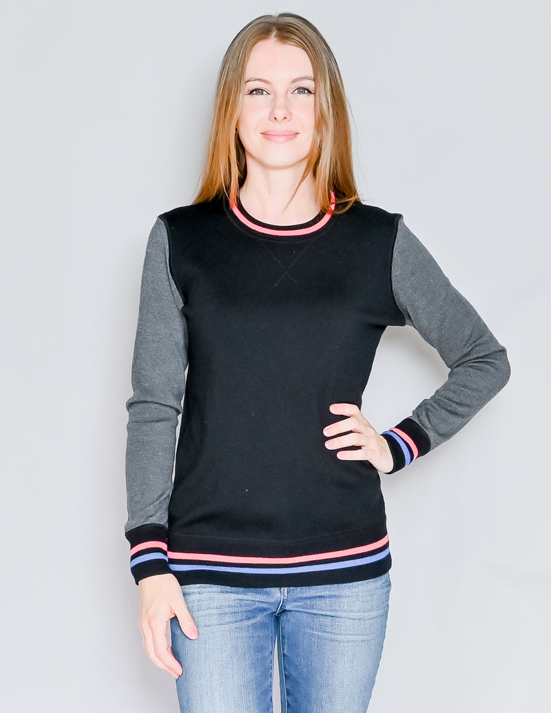 JASON WU Black Wool Stripe Trim Crew-Neck Sweater (XS)