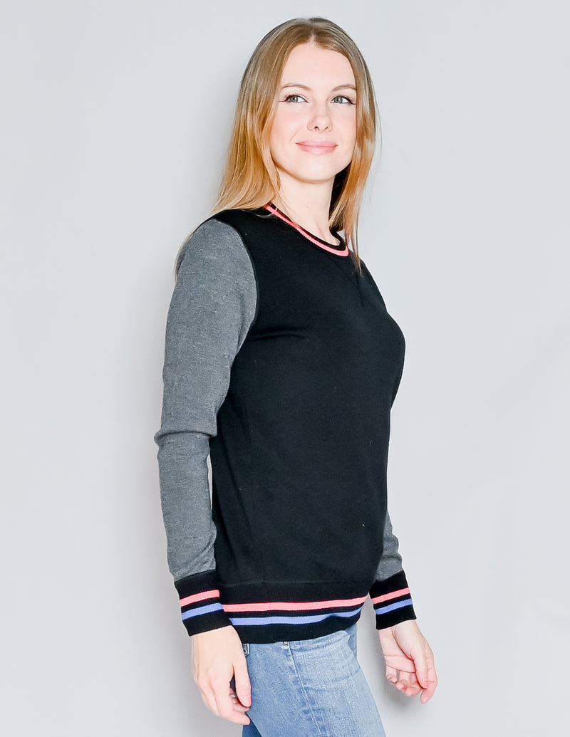 JASON WU Black Wool Stripe Trim Crew-Neck Sweater (XS)